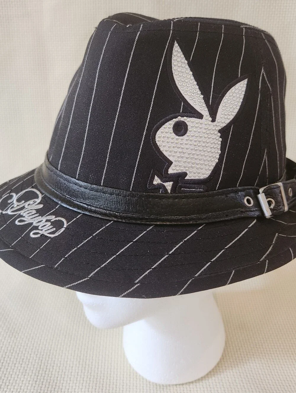 Vintage Y2K Playboy Bunny Pinstripe Fedora Hat Black Silver Metallic McBling S/M